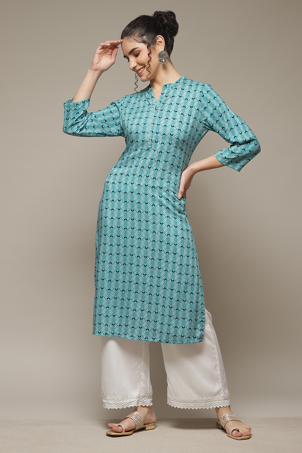 Green LIVA Straight Kurta image number 0